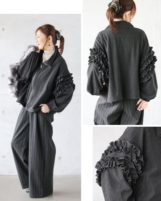 モードに大人可愛い軽やかフリル袖アウター