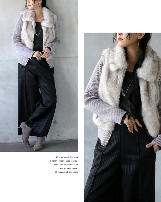 品のある華やぎを。ブルゾンにもベストにも。 気楽に袖が外せる2wayファーニットアウター