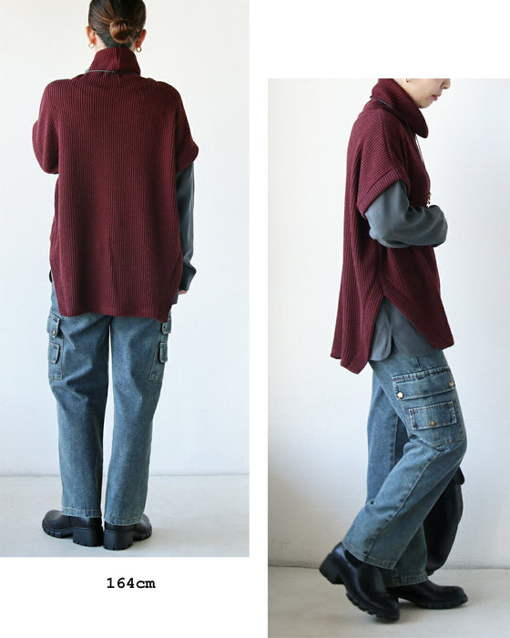 計算された切替が美しい、異素材ハイネックトップス