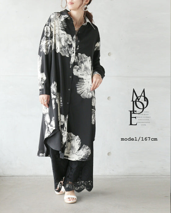 凛と咲く、モノトーンフラワーのシャツワンピース