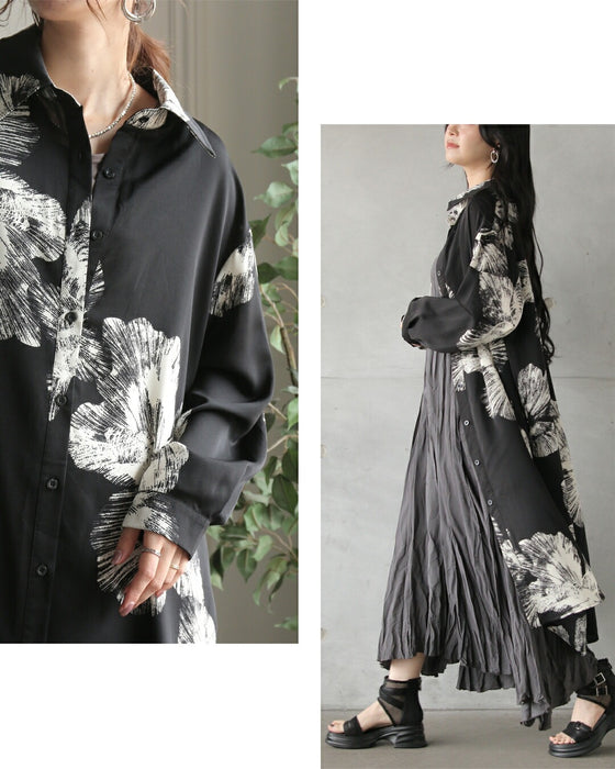 凛と咲く、モノトーンフラワーのシャツワンピース