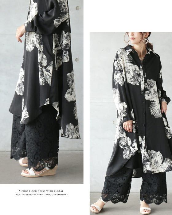 凛と咲く、モノトーンフラワーのシャツワンピース