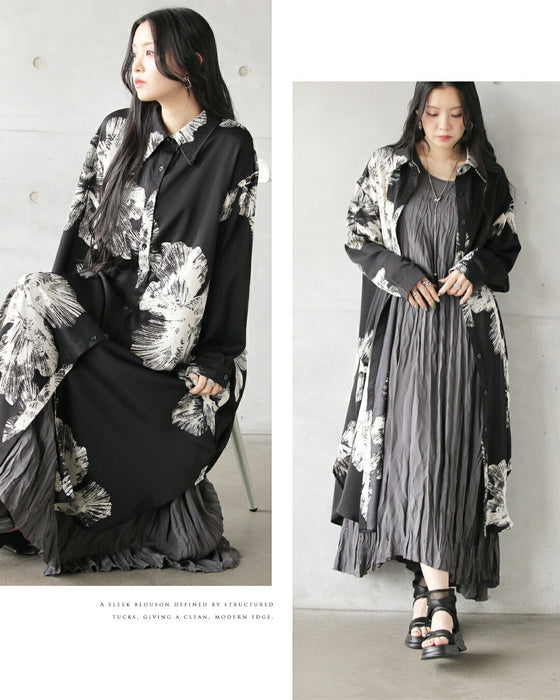 凛と咲く、モノトーンフラワーのシャツワンピース