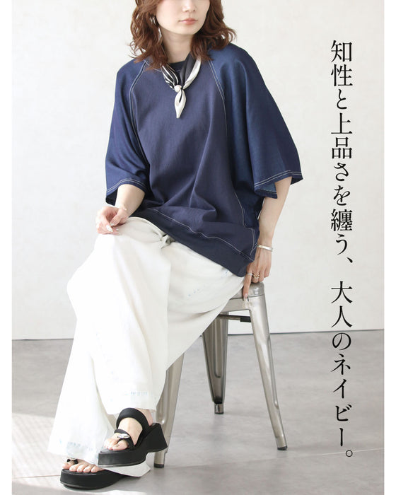 後ろボタン×ステッチ ゆるっとサマになる異素材ドルマントップス