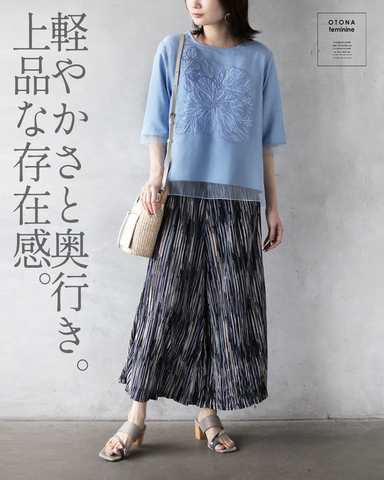 フラワー刺繍×シアーレイヤードブラウス