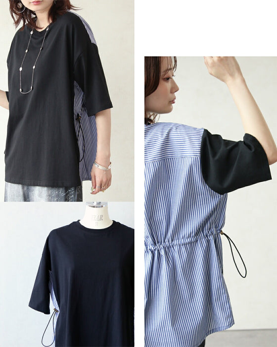 後ろ姿に宿る洗練。異素材ドッキングTシャツ