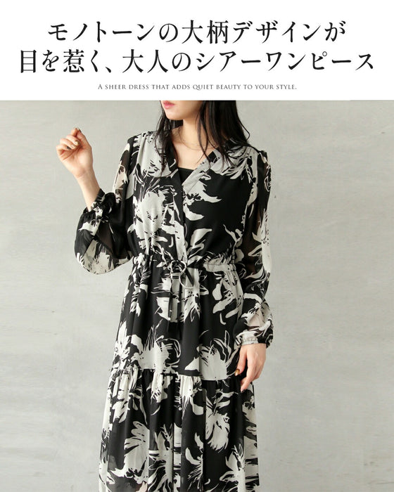 佇まいに品格を。モード柄Vネックシアーワンピース