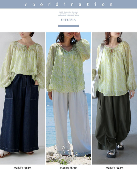爽やかイエローグリーン ボタニカル柄シアーブラウス
