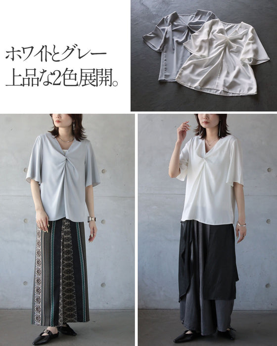 ねじりが生む立体美。細見えＶネックツイストブラウス