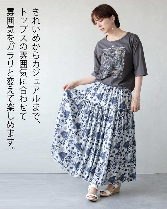 白×ネイビーが描く、大人の気品。花柄ティアードスカート