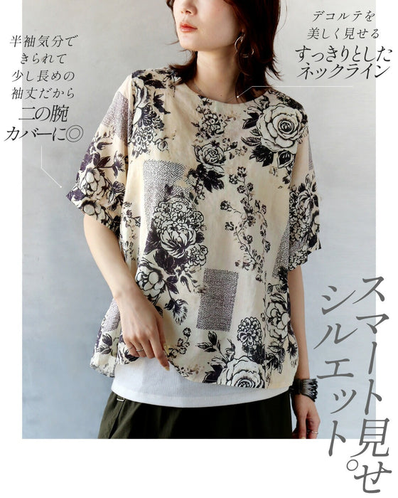 品よく咲くヴィンテージローズ。 モードな花柄トップス