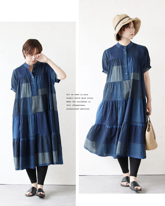 涼感を誘うブルーの陰影 ブロックチェック柄ティアードワンピース
