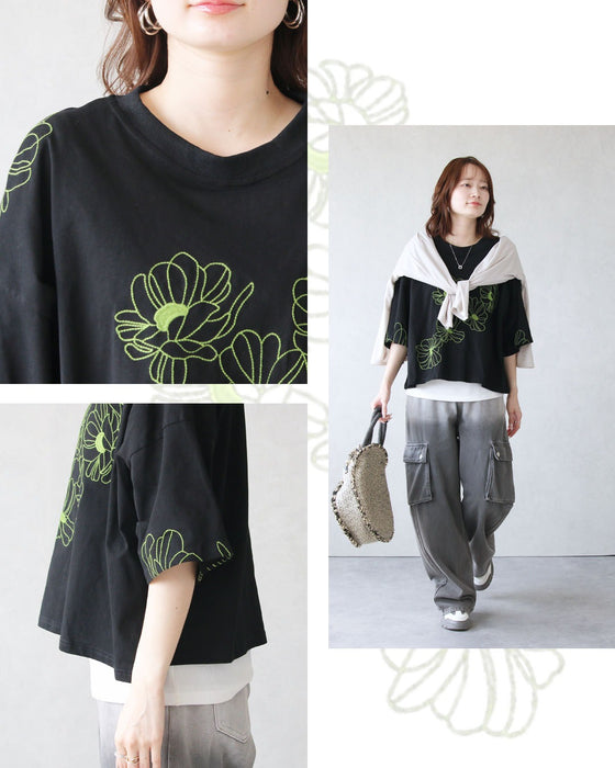 甘さを削ぎ落とした 花刺繍  配色が映えるTシャツ