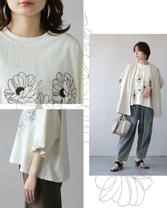甘さを削ぎ落とした 花刺繍  配色が映えるTシャツ