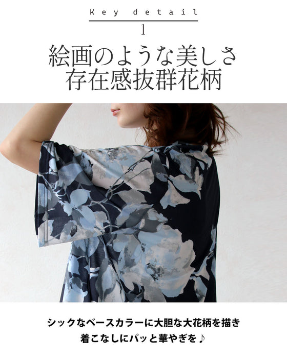 首元に優雅なドレープ 花柄デザイントップス