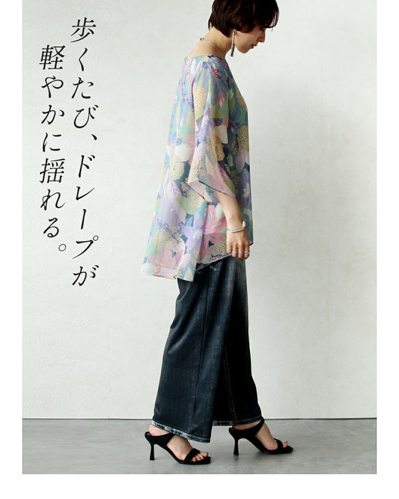 美を描く花模様 花柄シアーブラウス