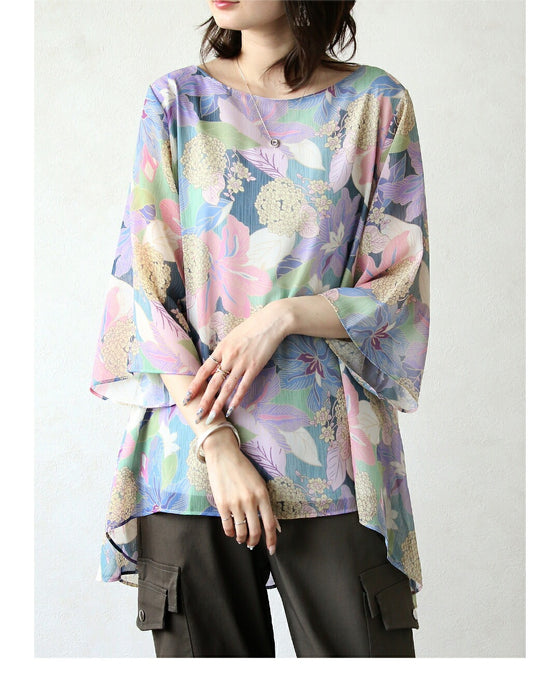 美を描く花模様 花柄シアーブラウス