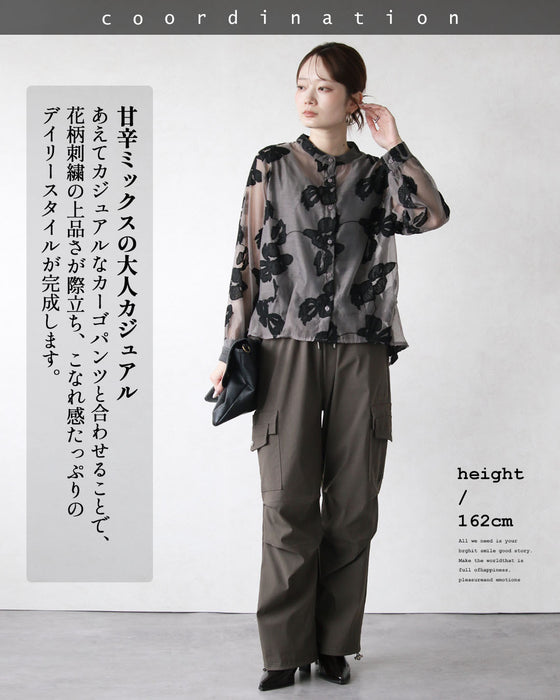 花刺繍で魅せる、大人の上品シアーブラウス