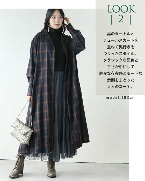 深み配色で魅せる大人のチェック柄ロングシャツワンピース