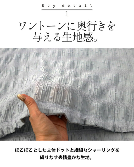 ぽこぽこドットとシャーリングで魅せる。ドロストトップス