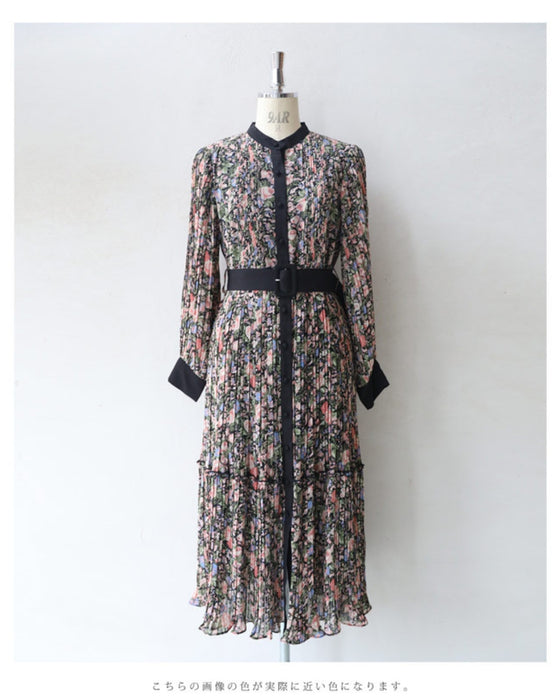 (Belt included) Blooming delicate pleated long dress