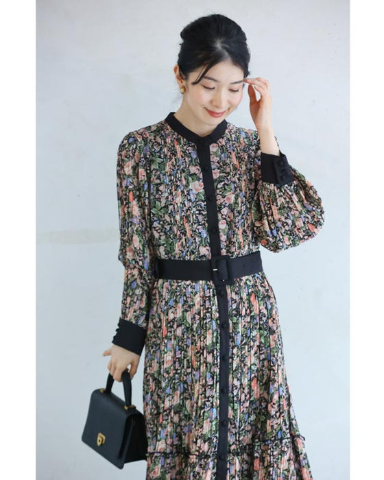 (Belt included) Blooming delicate pleated long dress