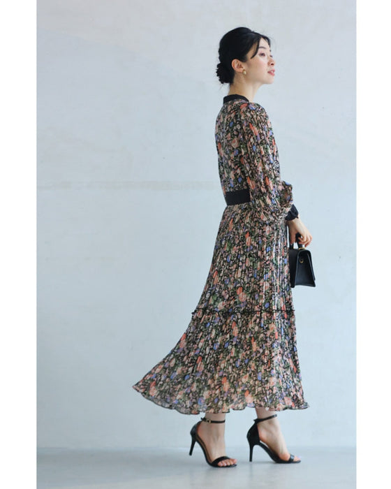 (Belt included) Blooming delicate pleated long dress
