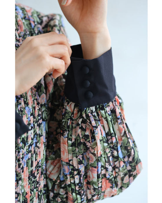 (Belt included) Blooming delicate pleated long dress