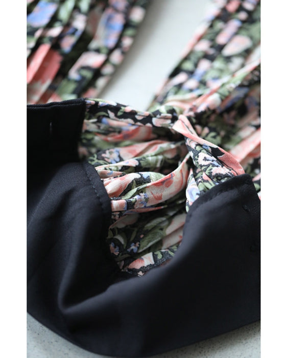 (Belt included) Blooming delicate pleated long dress