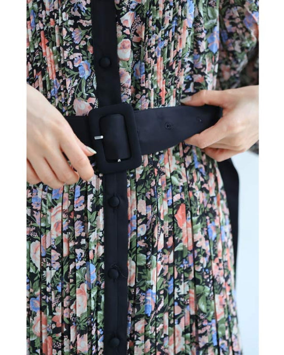 (Belt included) Blooming delicate pleated long dress