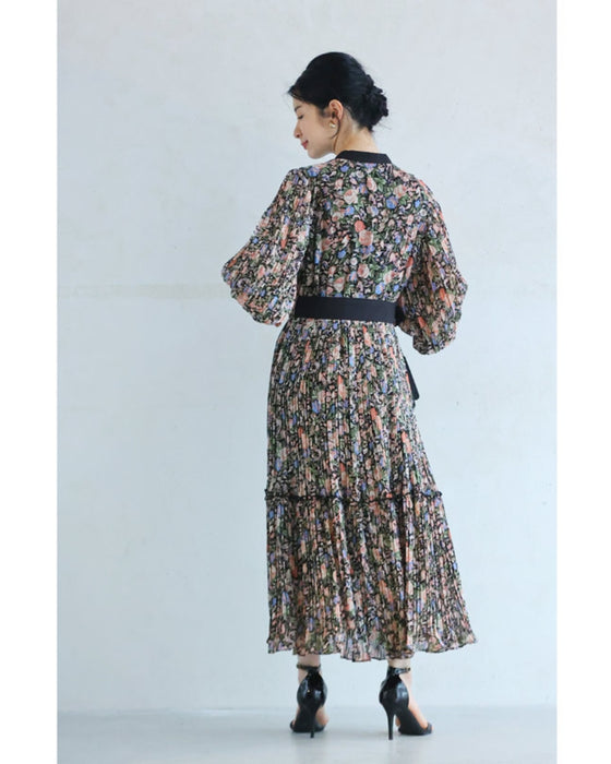 (Belt included) Blooming delicate pleated long dress