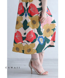 色鮮やかな花画のアコーディオンプリーツミディアムスカート