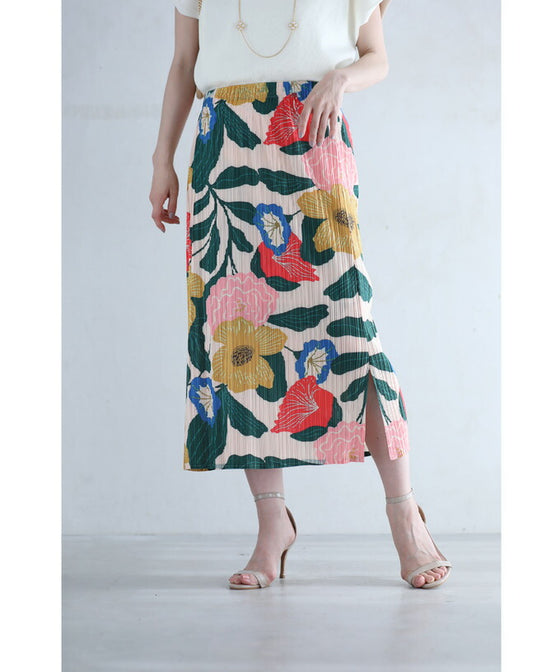 色鮮やかな花画のアコーディオンプリーツミディアムスカート
