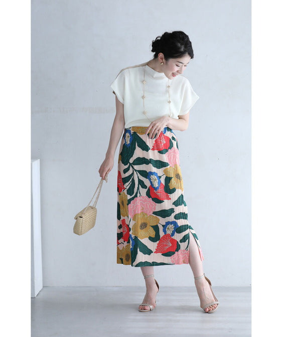 色鮮やかな花画のアコーディオンプリーツミディアムスカート