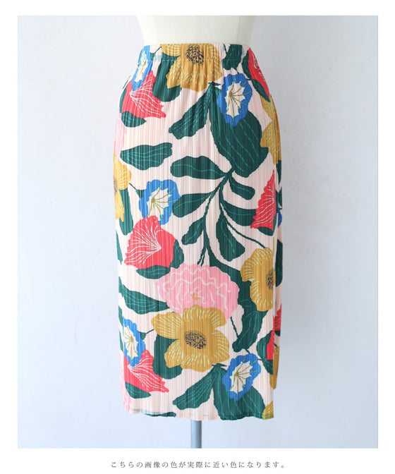 色鮮やかな花画のアコーディオンプリーツミディアムスカート