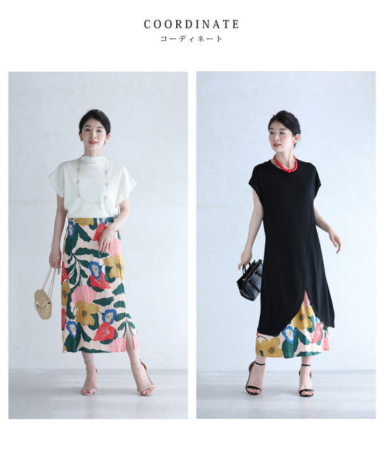 色鮮やかな花画のアコーディオンプリーツミディアムスカート