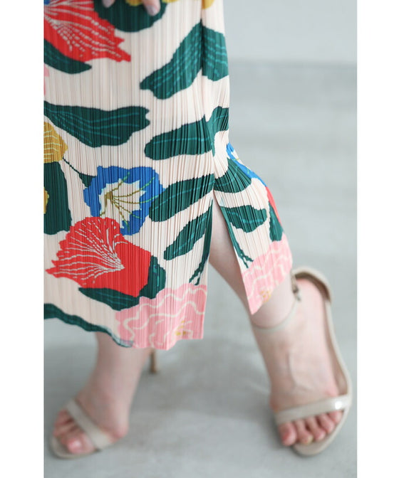 色鮮やかな花画のアコーディオンプリーツミディアムスカート