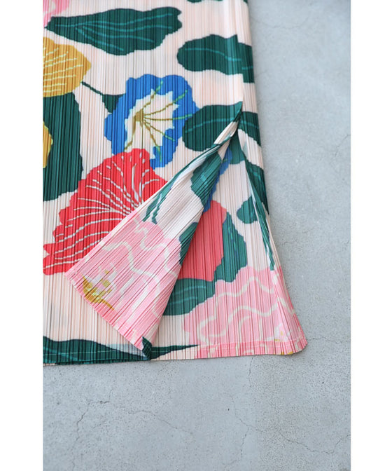 色鮮やかな花画のアコーディオンプリーツミディアムスカート