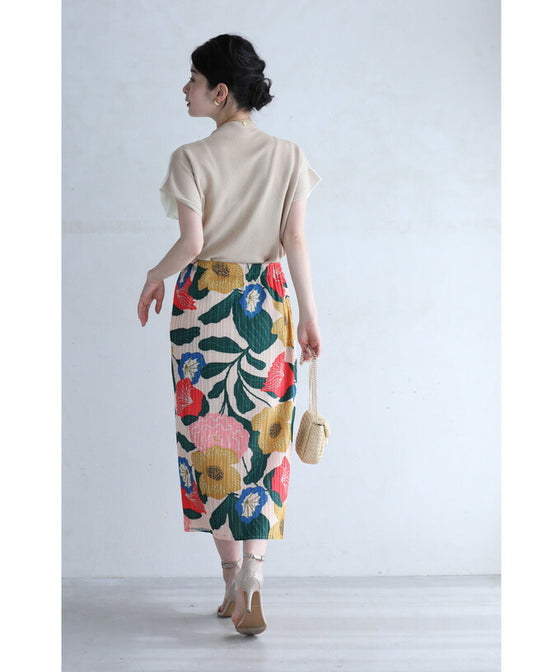 色鮮やかな花画のアコーディオンプリーツミディアムスカート