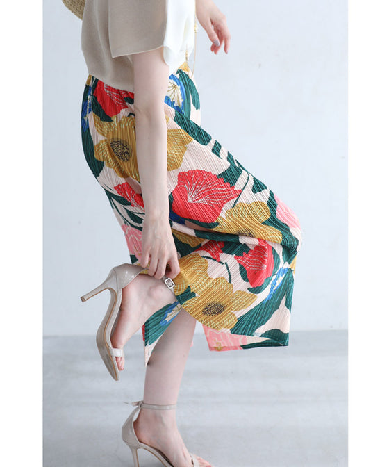 色鮮やかな花画のアコーディオンプリーツミディアムスカート