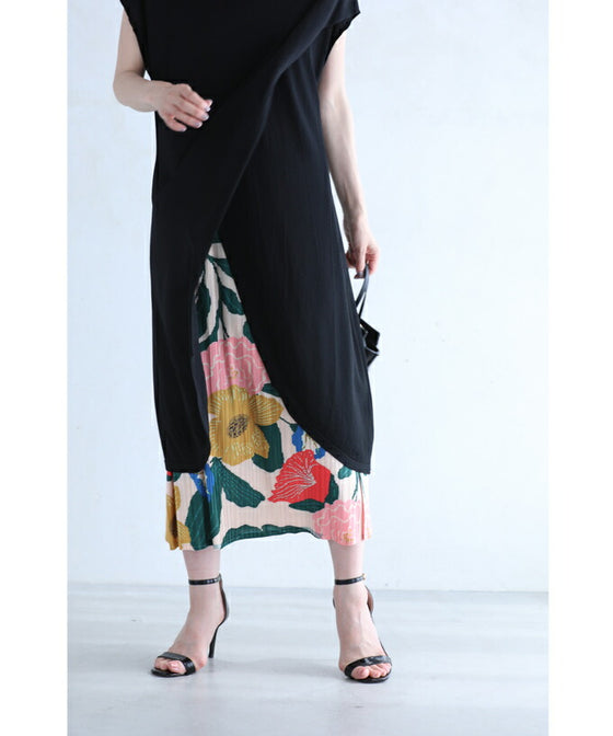 色鮮やかな花画のアコーディオンプリーツミディアムスカート – ONE