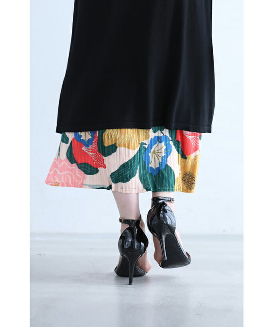 色鮮やかな花画のアコーディオンプリーツミディアムスカート