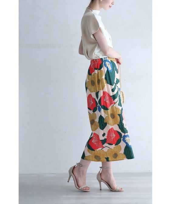 色鮮やかな花画のアコーディオンプリーツミディアムスカート
