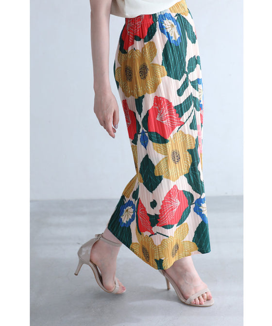 色鮮やかな花画のアコーディオンプリーツミディアムスカート