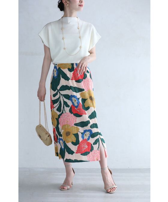 色鮮やかな花画のアコーディオンプリーツミディアムスカート – ONE