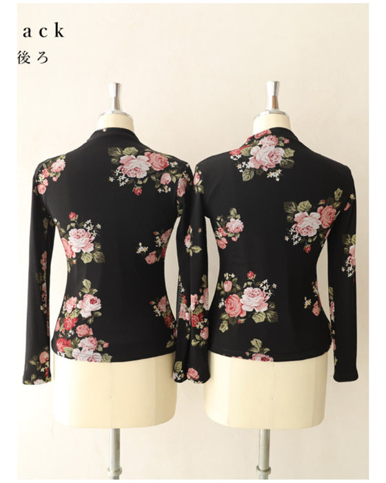 Warm and cozy with fleece lining. Elegant rose print pullover top