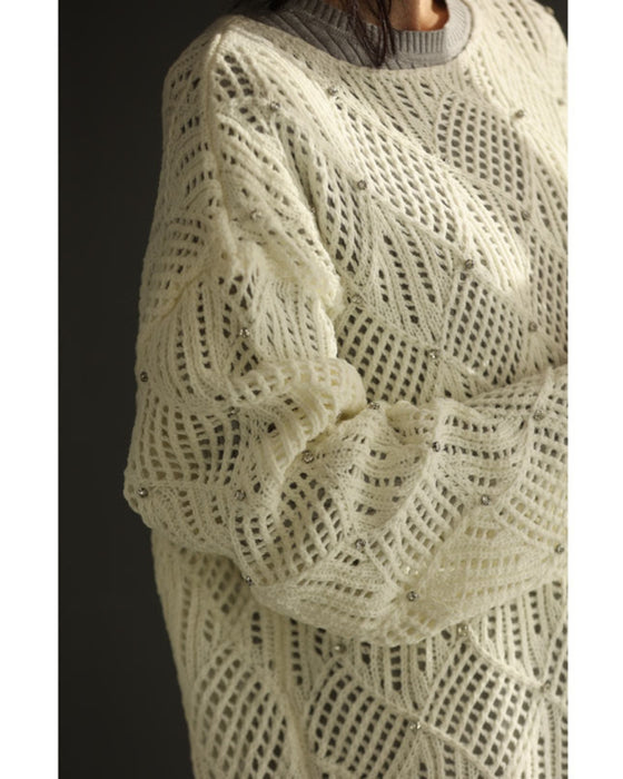 ビジューを散りばめた揺らめくダイヤ柄編みニットプルオーバートップス