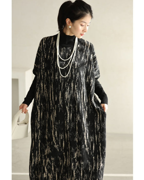 グラフィックペイント柄ニットミディアムワンピース