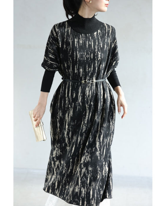グラフィックペイント柄ニットミディアムワンピース