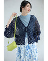 A teardrop-shaped knit lace cardigan with a flared hem